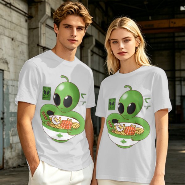 Olive Green T-Shirt With Cute Alien Eating Ramen Graphic