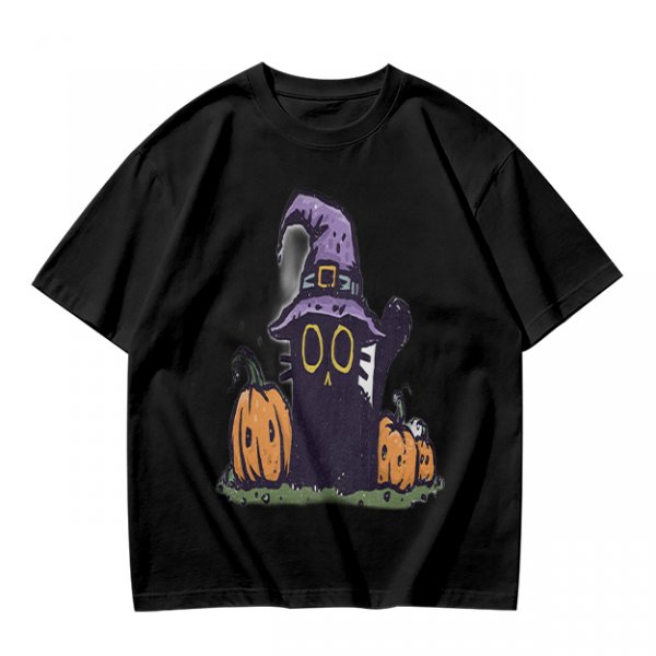 Olive Halloween T-Shirt with Black Cat Witch and Pumpkins