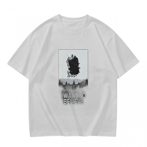 Olive t-shirt with 'I Want To Believe' UFO landscape print