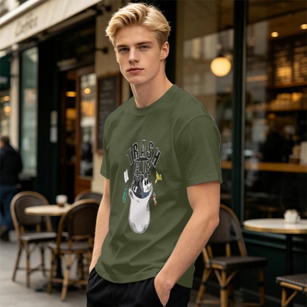 Olive graphic t-shirt with Trash Club raccoon and panda in trash can print