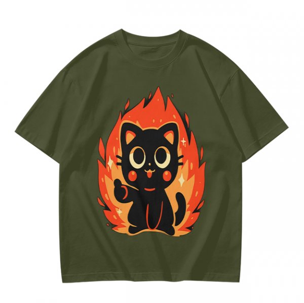Olive T-Shirt With Cute Black Cat Thumbs Up On Flames Graphic