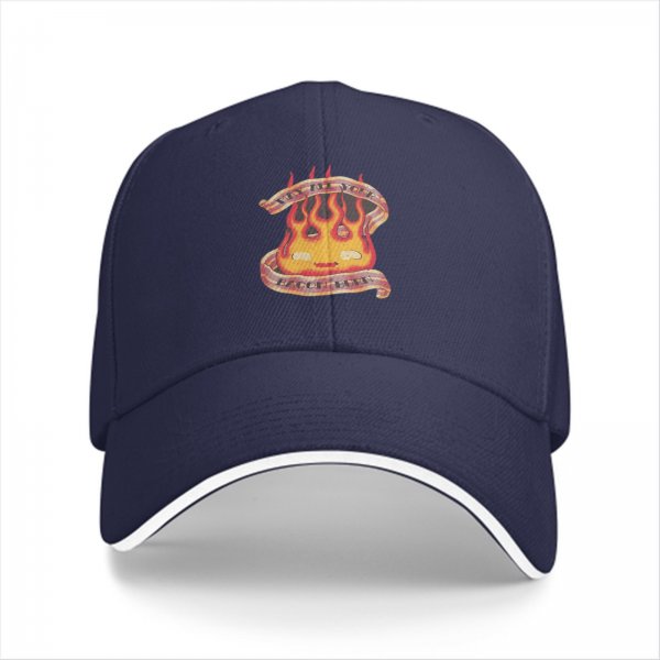 Black baseball cap with flame and banner graphic design