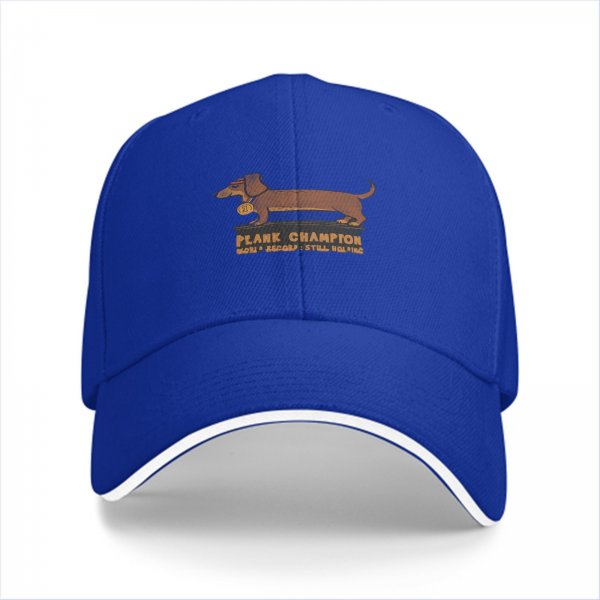 Black baseball cap with dachshund plank champion graphic