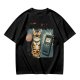 Olive T-Shirt With Grumpy Tabby Cat And Retro Cell Phone Print