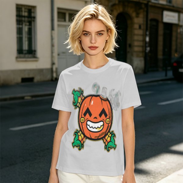 Olive T-Shirt with Smiling Pumpkin Corn Crossbones Graphic