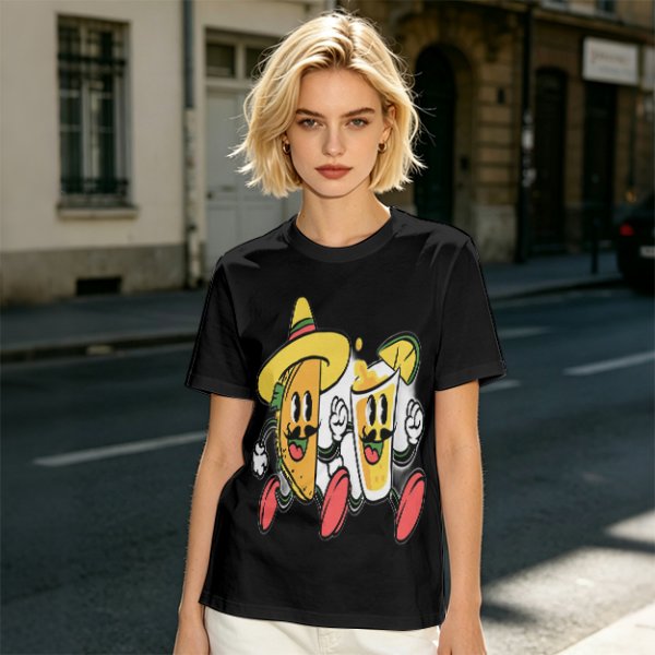 Olive T-Shirt with Cartoon Taco and Beer Graphic