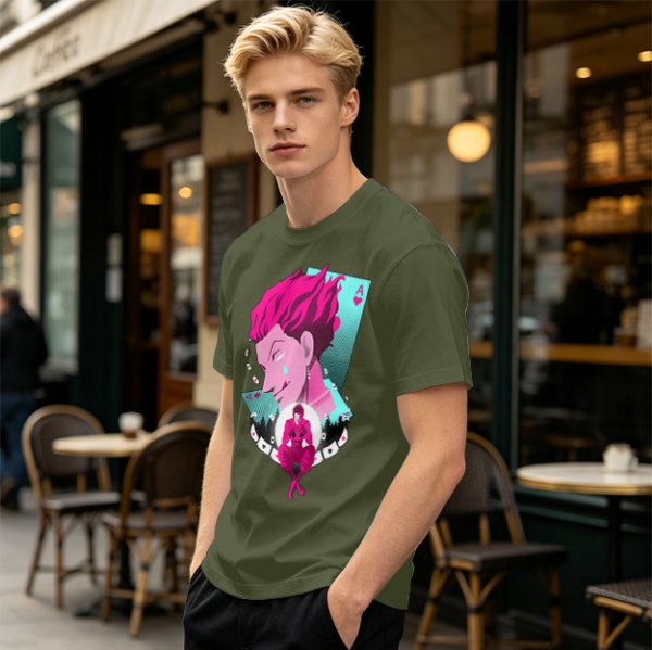 Olive T-shirt with Hisoka Anime Character and Ace of Hearts Print