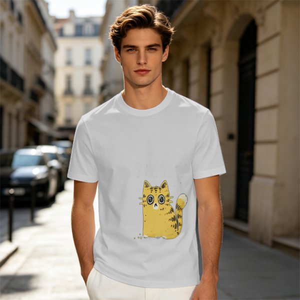 Olive Green T-Shirt With Surprised Yellow Tabby Cat Graphic