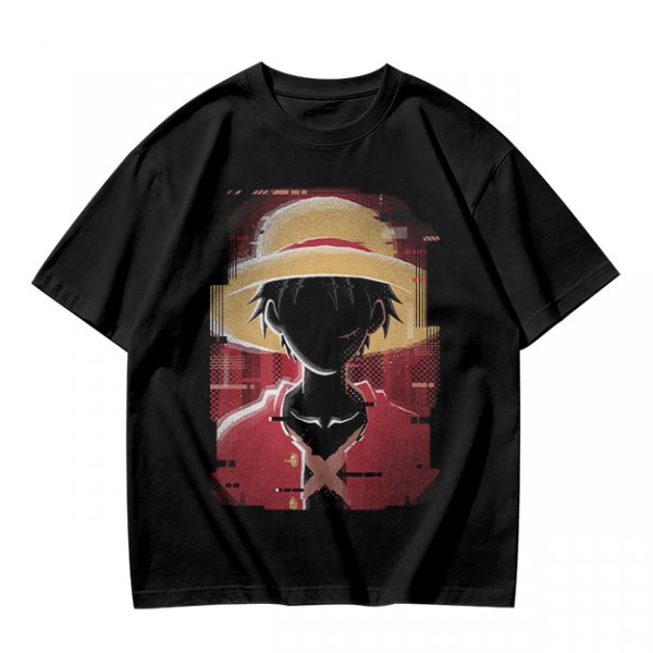 Olive T-shirt with Glitch Art Monkey D Luffy Straw Hat Print
