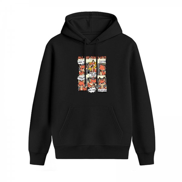 Black hoodie with comic style fox graphic print