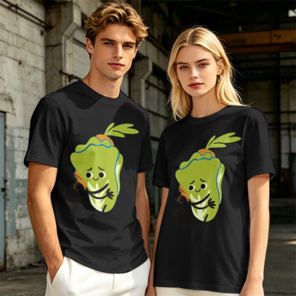 Olive Green T-Shirt With Sad Cartoon Cabbage Graphic