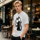 Olive T-shirt with a black cartoon cat holding a bloodied knife