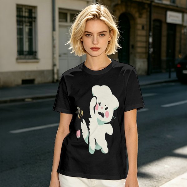 Olive T-Shirt With Angry Fluffy White Creature Swatting At Bee Print