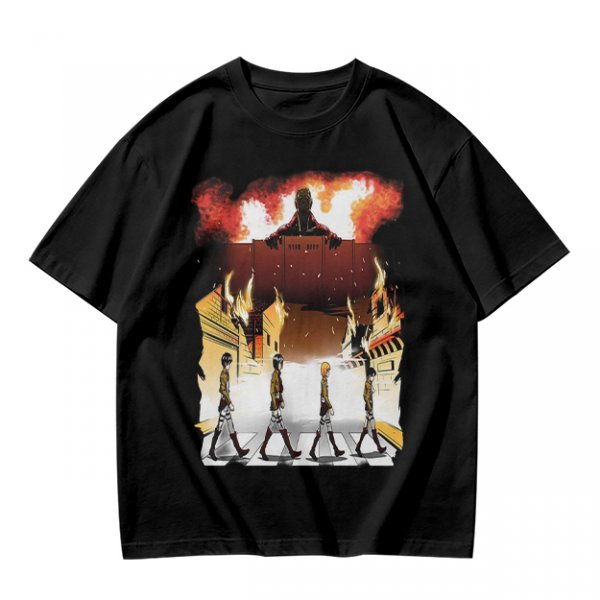 Olive T-Shirt With Anime Characters Crossing Burning Street Print
