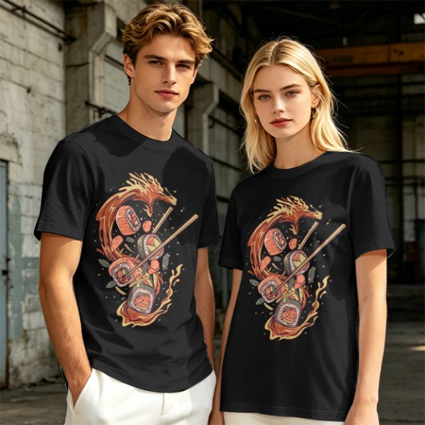 Olive T-shirt with Sushi Dragon Chopstick Art Print