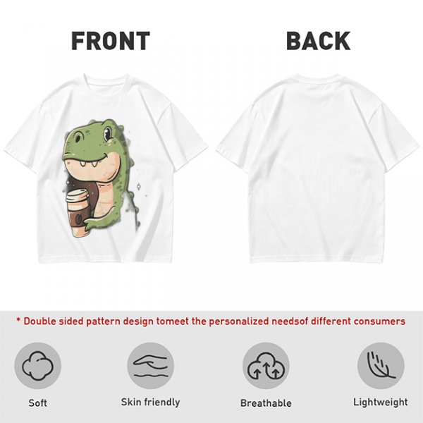 Olive T-shirt with Cute Dinosaur Holding Coffee Print
