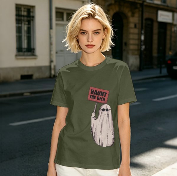 Olive T-Shirt With Ghost Holding 'Haunt The Rich' Protest Sign