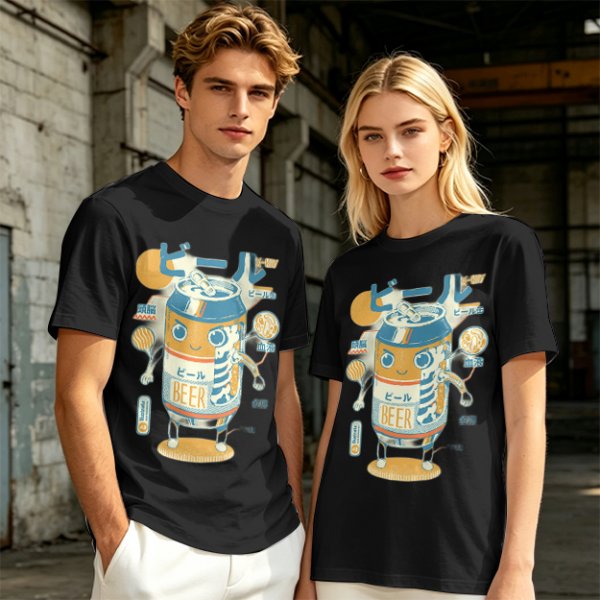 Olive T-Shirt With Kawaii Beer Can Robot Graphic