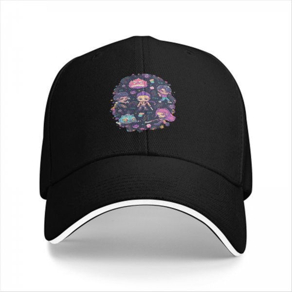 Black Baseball Cap with Cute Chibi Fantasy Character Print