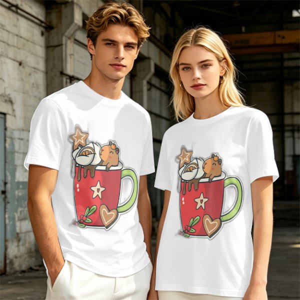 Olive T-Shirt With Cute Capybara In Christmas Hot Cocoa Mug Print