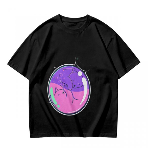 Olive T-shirt with Sleeping Cats in Colorful Bubble Graphic