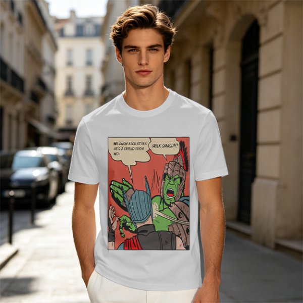 Olive t-shirt with comic print of Hulk and Thor mid-smashed interaction