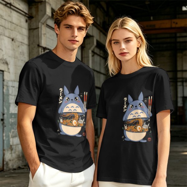 Olive T-shirt with Totoro ramen bowl graphic print