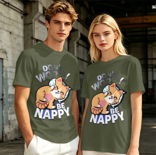 Olive T-Shirt with Don't Worry Be Nappy Sleeping Cat Graphic