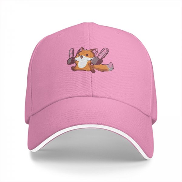 Black baseball cap with a cheerful fox holding chainsaws graphic