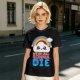 Olive T-Shirt With Cute Cloud Rainbow Graphic And 'We're All Gonna Die' Text