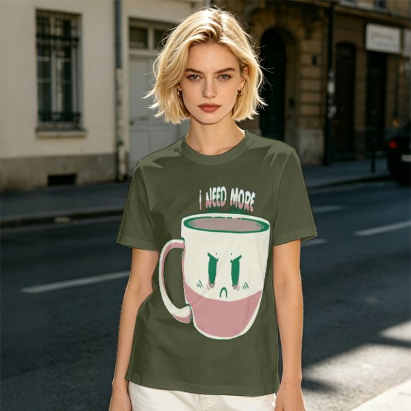 Olive Graphic Tee With Angry Coffee Cup I Need More Print