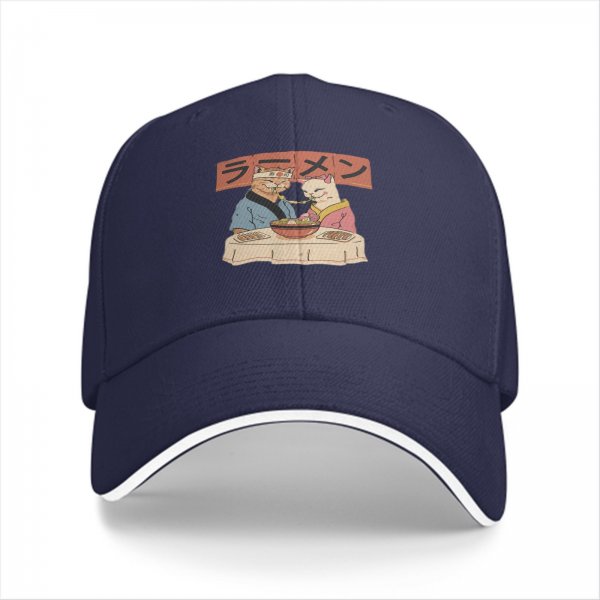Black baseball cap with cats eating ramen graphic