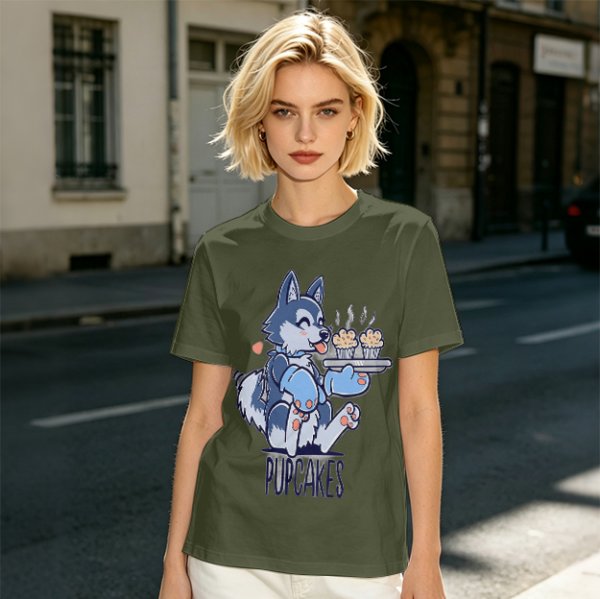 Olive green t-shirt with a husky holding pupcakes graphic