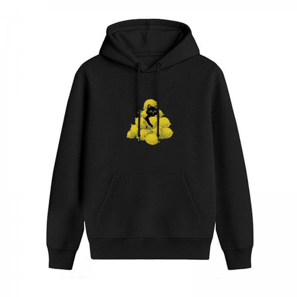 Black Hoodie With Black Cat Peeking From Pile Of Lemons
