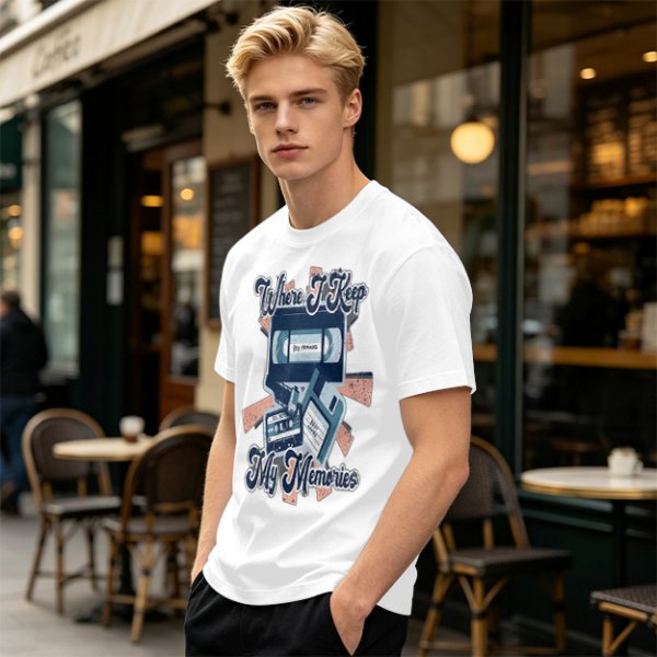 Olive Retro T-Shirt With Vintage Media Print 'Where I Keep My Memories'
