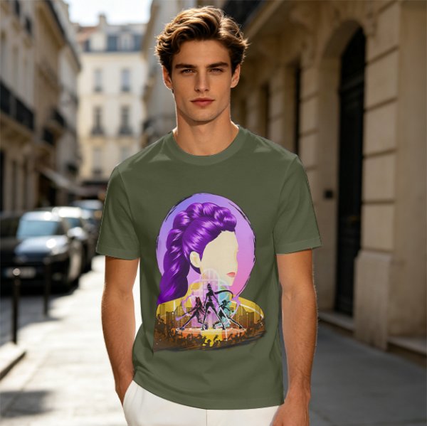 Olive T-Shirt With Purple Haired Woman And Concert Stage Print