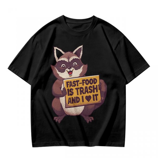 Olive t-shirt with a raccoon holding a fast food trash sign