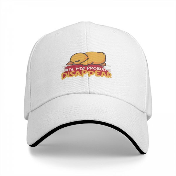 Black baseball cap with sleeping duck graphic and 'Until My Problems Disappear' text