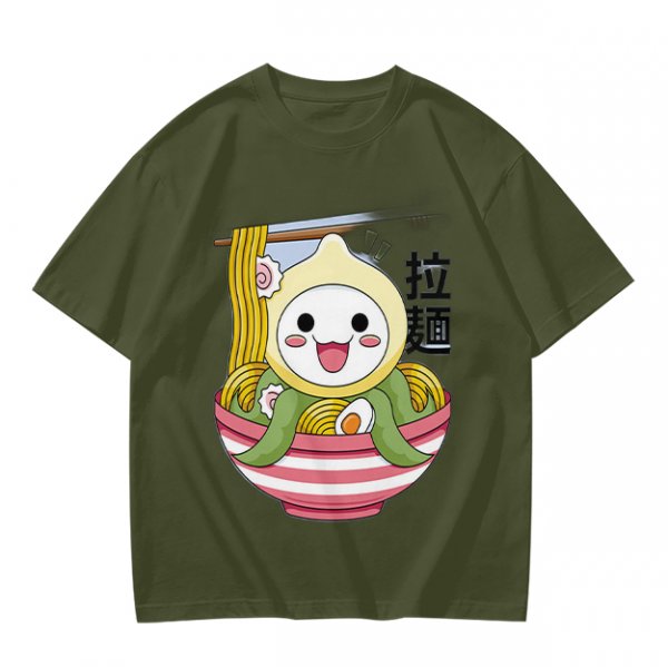 Owl-like character in ramen bowl graphic olive green t-shirt