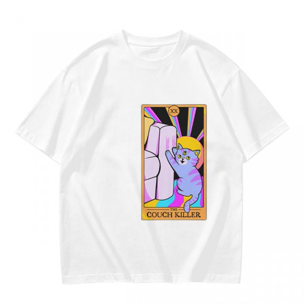 Olive green t-shirt with three-eyed cat couch killer tarot-style graphic