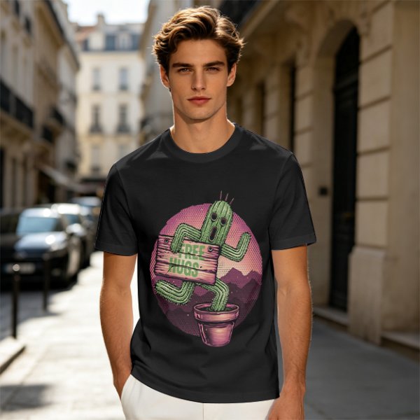 Olive T-shirt with Cartoon Cactus Free Hugs Desert Print