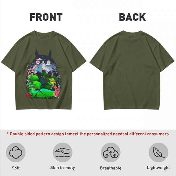 Olive Green T-Shirt with Totoro Nature Landscape Graphic Print