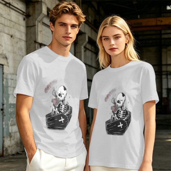 Olive T-shirt with Skeleton in Coffin Holding Coffee Print