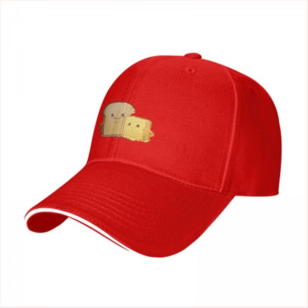 Black Baseball Cap With Cute Bread And Butter Cartoon Print