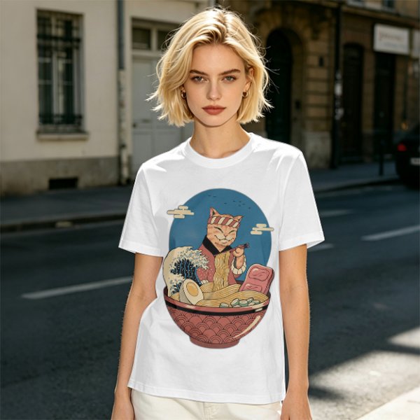 Cat Chef Eating Ramen in Great Wave Bowl T-Shirt