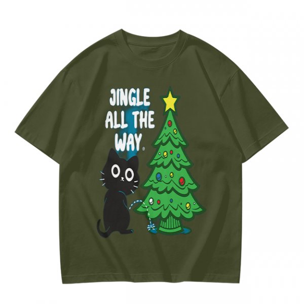Olive Christmas Cat T-Shirt with Jingle All The Way Print