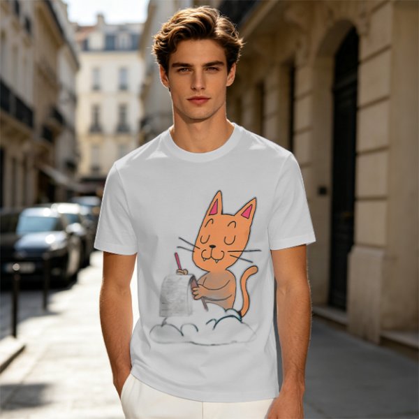 Olive T-Shirt with Cartoon Cat at Grave Print