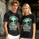 Olive green t-shirt with alien eating pizza text Just Here For The Pizza