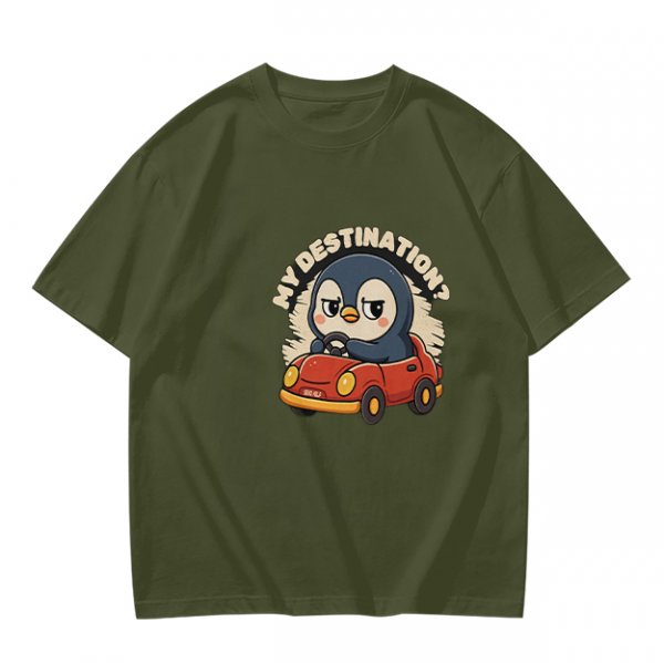 Olive T-Shirt With Cartoon Penguin Driving Car 'My Destination?' Print