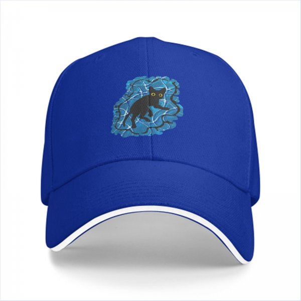 Black Baseball Cap With Playful Black Cat On Blue Abstract Background